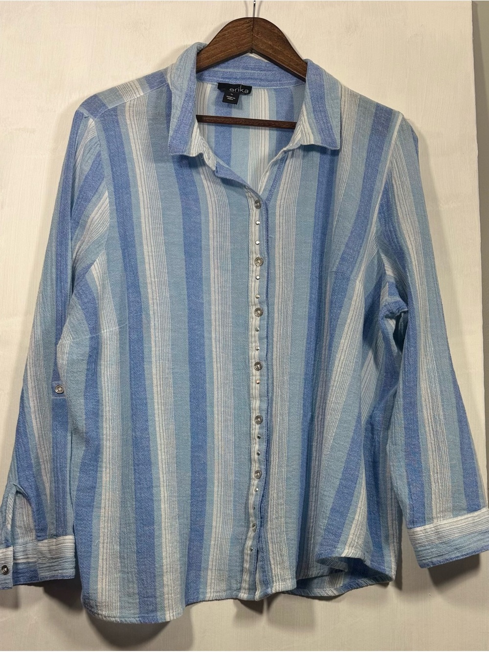 Erika Blue and White Vertical Stripe Button-Down Shirt - Picture 1 of 8